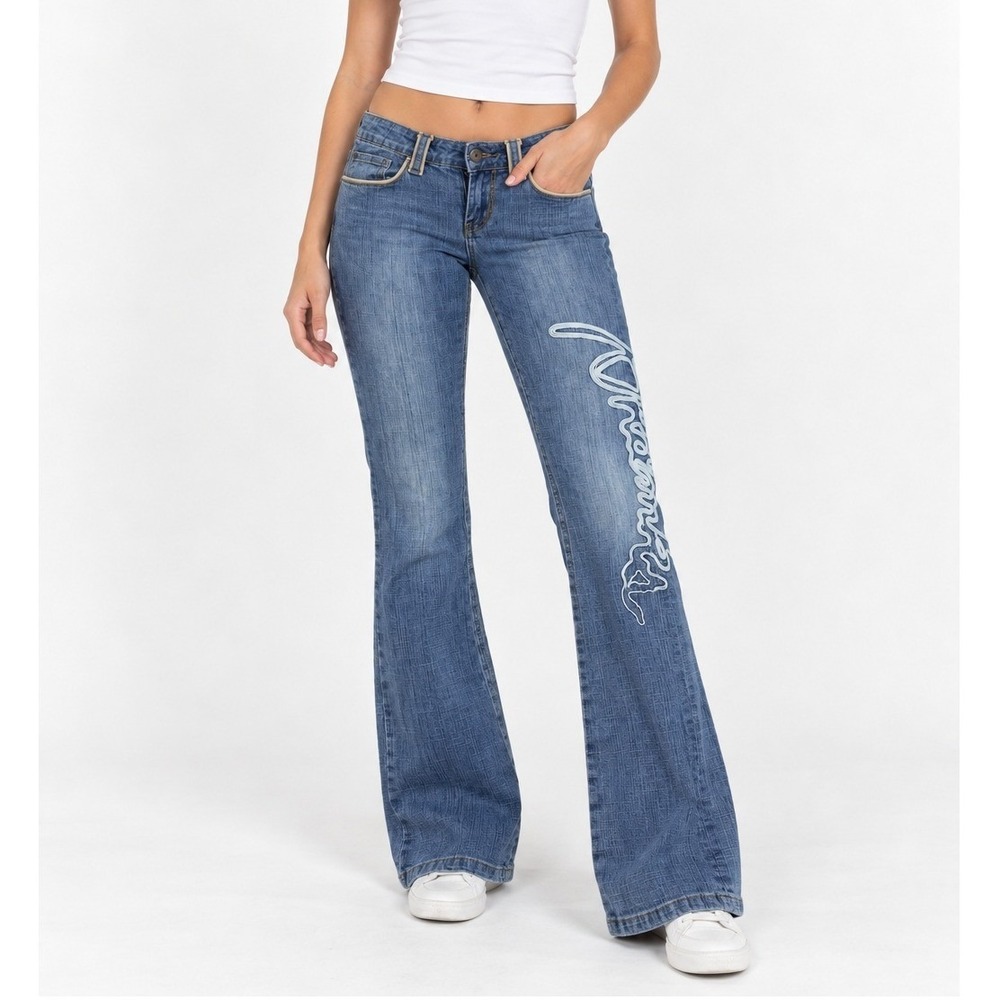 Y2K Womens Low Rise Bootcut Jeans 24 Blue Denim Rope Logo Embroidered